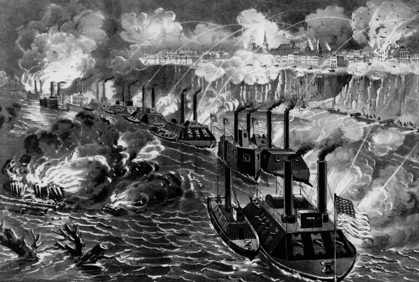 Union Gen. Grant's defeat of Confederate Gen. Pemberton at the battle at Vicksburg, Mississippi, in 1863, gave the Union control of the Mississippi River. Portrayed here is Union Adm. Porter running the heavily defended Confederate blockade.