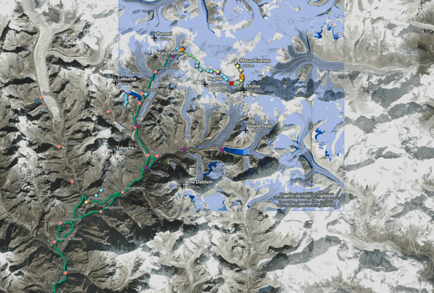 This map details where scientists with the National Geographic and Rolex Perpetual Planet Everest Expedition have collected samples from ice cores, weather stations, stream surface water and surface snow in their multidisciplinary study of climate change.