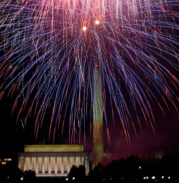 Fireworks over water.