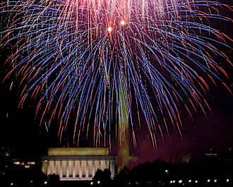 Fireworks light the night sky over the Lincoln Memorial and Washington Monument in Washington, D.C.