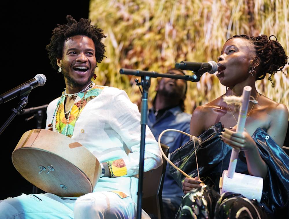 Composers and musicians from the NEWF Composer Lab play instruments at the National Geographic Storytellers Summit.