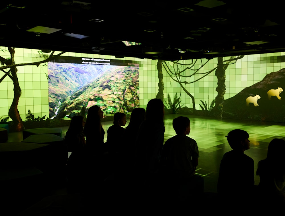 A group of people watch an immersive show inside the Geoverse exhibition.  