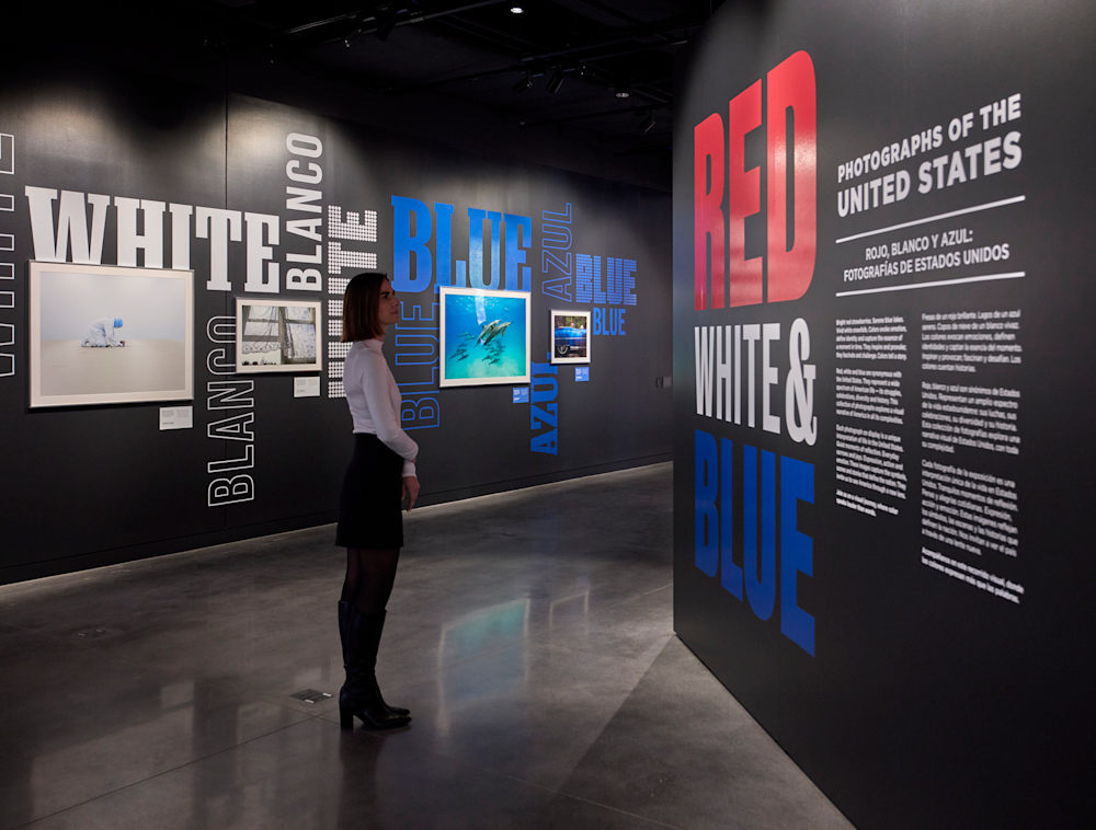 A gallery visitor examines framed photography and printed descriptions on the walls of the "Red, White & Blue" exhibition.