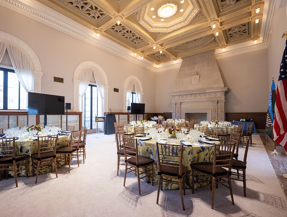 Hubbard Hall with dining tables and chairs.