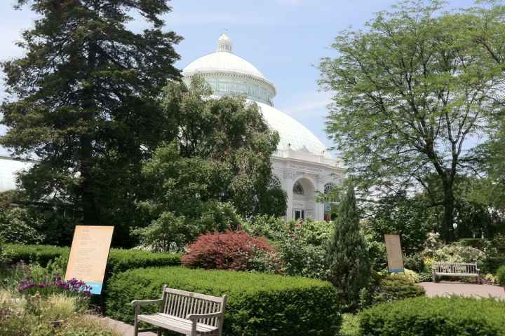 Photograph of a conservatory at a botanical garden.