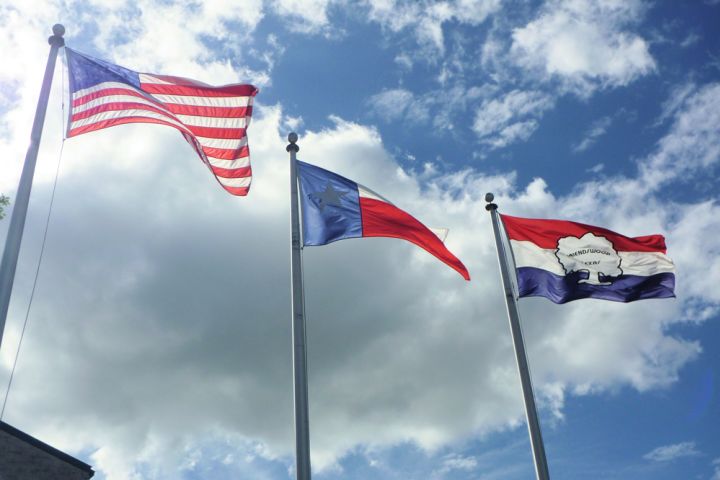 Photograph of flags blowing in the wind.