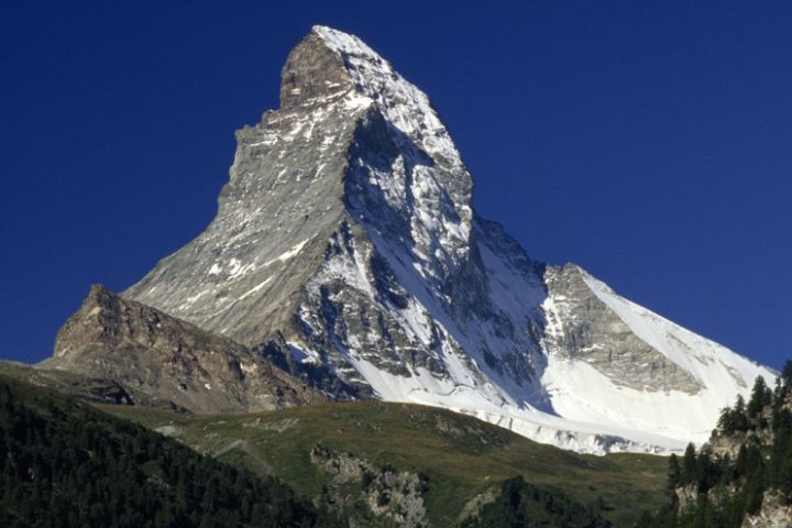 Photo: Glacier on mountain surrounded by pine trees