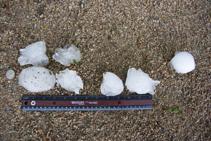 A photograph of large hailstones and a ruler for scale.