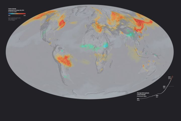 A satellite image depicting CO2 emissions emitted by the burning of fossil fuels.