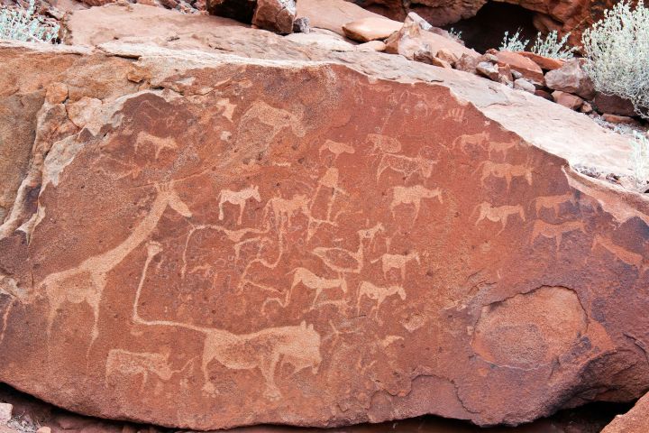 Twyfelfontein, in nortwest Namibia, contains ancient ​​​​​​​rock engravings, or petroglyphs, carved from the area's ancient, former hunter-gatherer inhabitants.