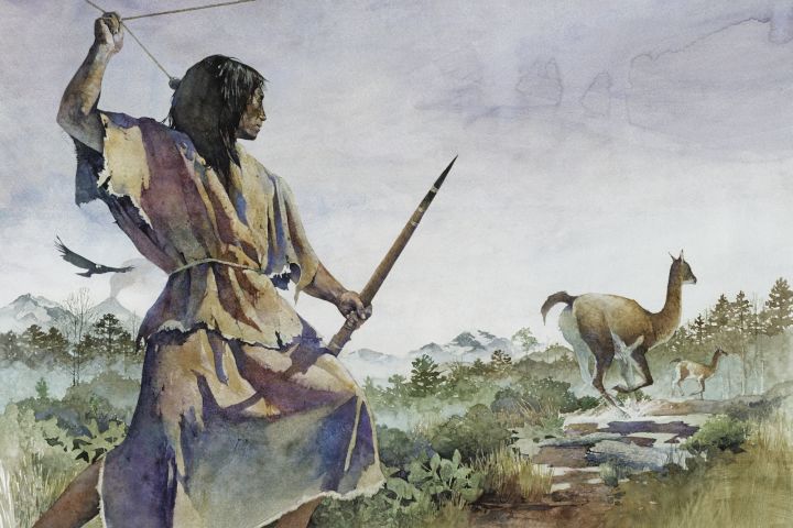 Though few now, many hunter-gatherer societies existed throughout history. Some likely used techniques like the Ice Age hunter, shown here, to bring down game.