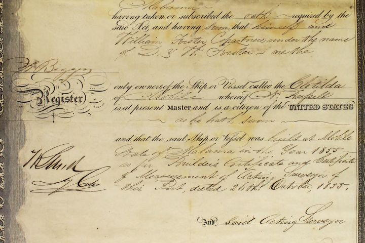 Close up of the Clotilda's ship registration document with a focus on the name.