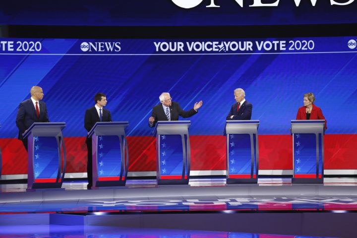 Democratic candidates Cory Booker, Pete Buttigieg, Bernie Sanders, Joe Biden, and Elizabeth Warren (from left to right) vie for the party's presidential nomination during a debate at Texas Southern University's Health & PE Center in Houston, Texas.