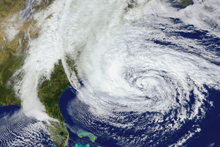 This is a satellite image of Hurricane Sandy in the Atlantic Ocean off the South Carolina coast.