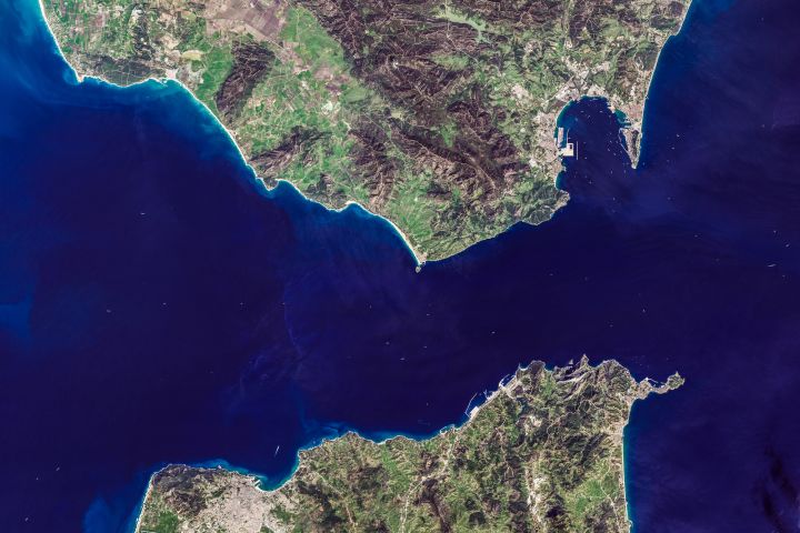 Satellite view showing Morocco to the south and Spain to the north, separated by the Strait of Gibraltar.