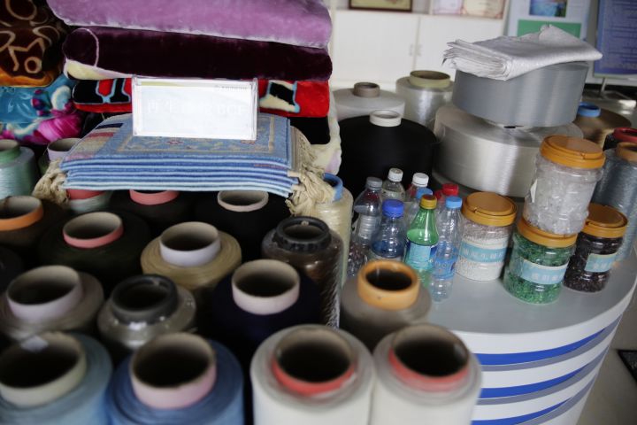 spools of yarn and other crafting products made of recycled plastic bottles