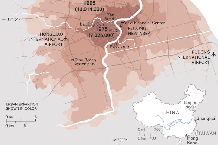 A map of Shanghai, China, showing how the city has expanded in recent years.