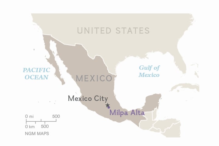 Map of Mexico and the United States, highlighting Mexico City's Milpa Alta neighborhood.