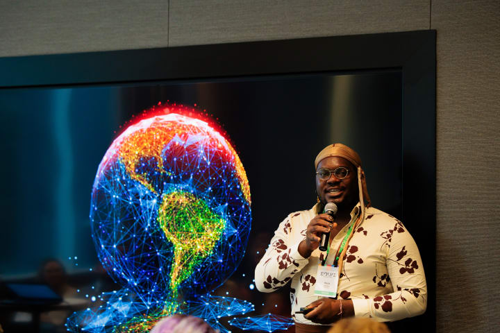 Nick Okafor presents his venture trubel&co at the 2023 MIT Solve Challenge for Learning for Civic Action, winning The GM Prize.