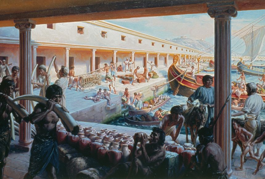This illustration depicts merchants in Carthage doing a lively business buying and selling wine, pottery glass trinkets, and precious metals.