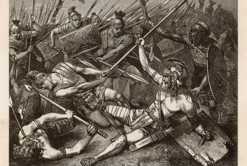 Spartacus was an ancient Roman slave and gladiator who led a rebellion against the Roman Republic. This illustration depicts his death in battle.