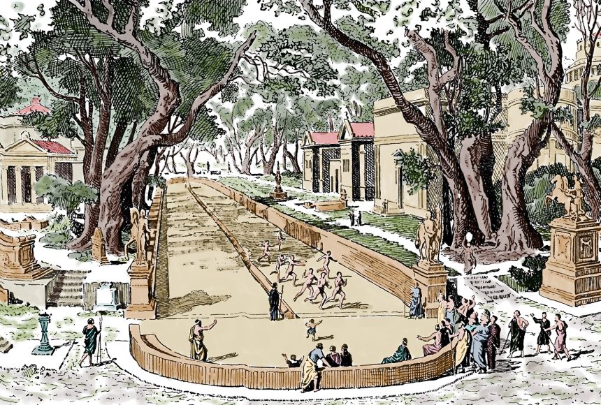 This 1899 illustration depicts the racecourse at Sparta. The original illustration was made in black and white, and was colorized at a later date.