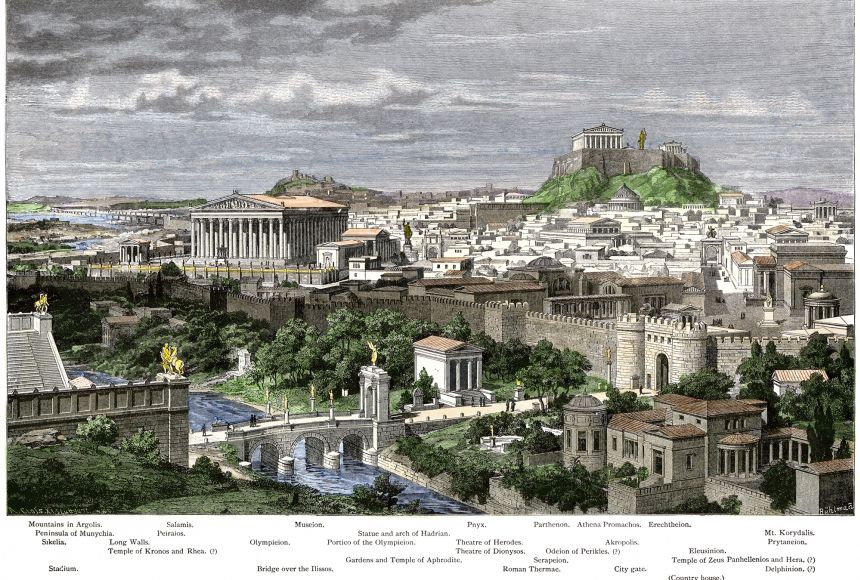 This hand-colored woodcut gives us an artist's concept of what Athens might've looked like in the time of the Roman emperor Hadrian, when its iconic monuments and temples were still in their prime.