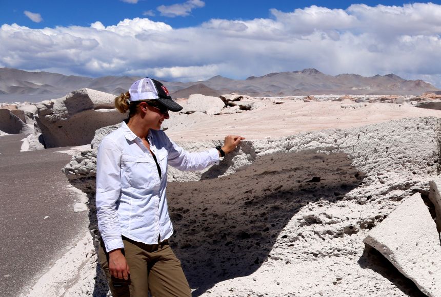 As a volcanologist, National Geographic Explorer Stephanie Grocke spends a lot of time studying the geological formations created by volcanic activity, like this shoulder-high ignimbrite formation in the Campo de Piedra de Pomez in Argentina.