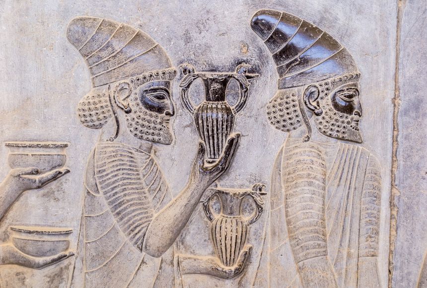 This relief of two figures can be seen in the ancient Achaemenid capital of Persepolis, in what is now Shiraz, Iran. In 1979, UNESCO declared the ruins of Persepolis a World Heritage Site.