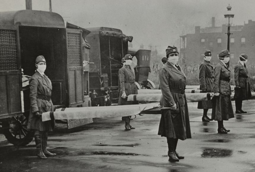 During the international 1918 influenza pandemic, in America, medical teams such as the nurses of the St. Louis Red Cross Motor Corps were dispatched en-masse to respond to the growing health crisis, often protected from infection by nothing more than fac
