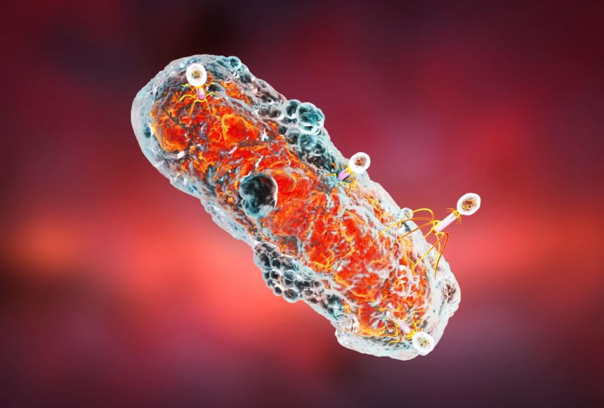 Like all cells, bacteria have receptor sites on the surface of their cell, which allow them to bond with molecules and receive signals from outside cells. Sometimes, receptor sites are utilized by viruses, like these bacteriophages, to infect and harm it.