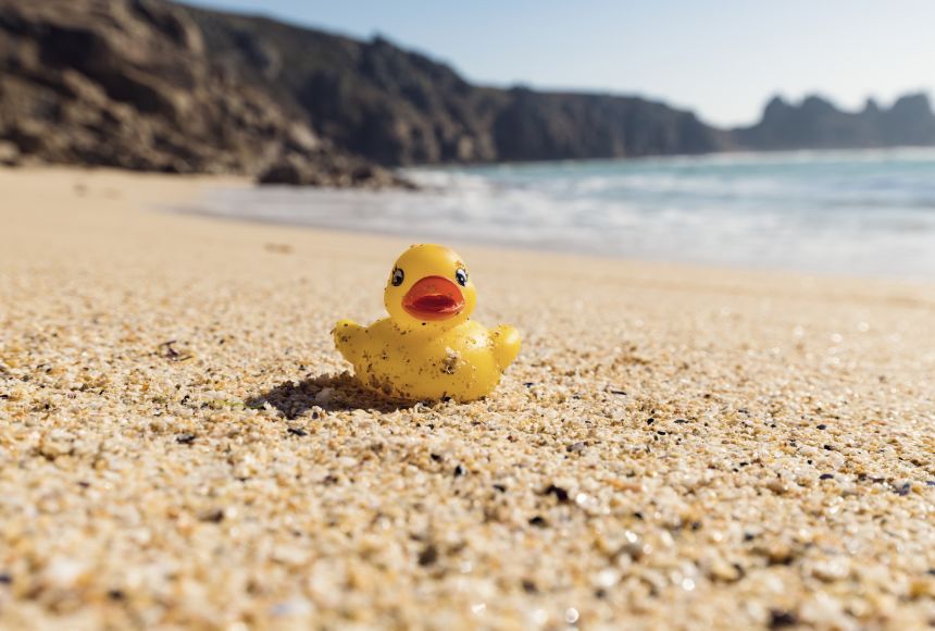 A rubber duck washed up on the beach after being carried out in the ocean.