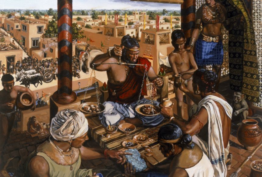 A merchant weighs the product he is about to sell to determine the price. Merchants often gathered in large areas such as markets to sell their products.