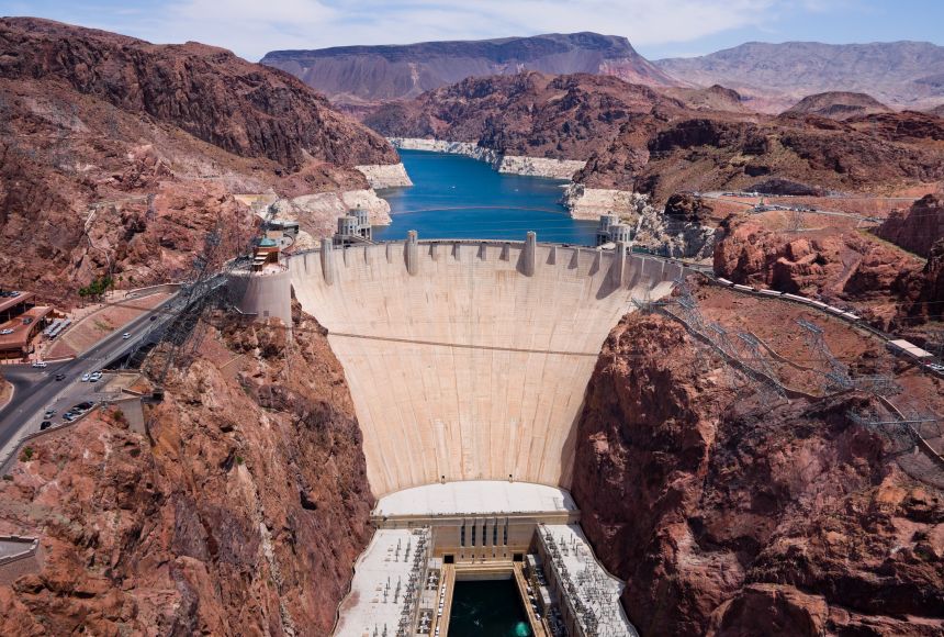 An aerial view of the Hoover Dam. This dam has been harvesting hydroelectric power for over 80 years now.