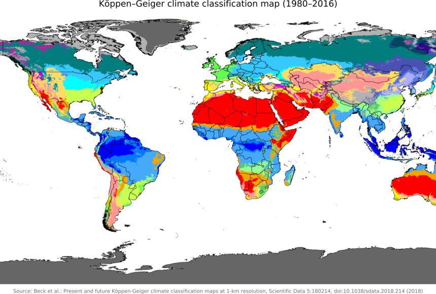 The Köppen-Geiger system uses colors and shades to classify the world into five climate zones based on criteria like temperature, which allows for different vegetation growth.