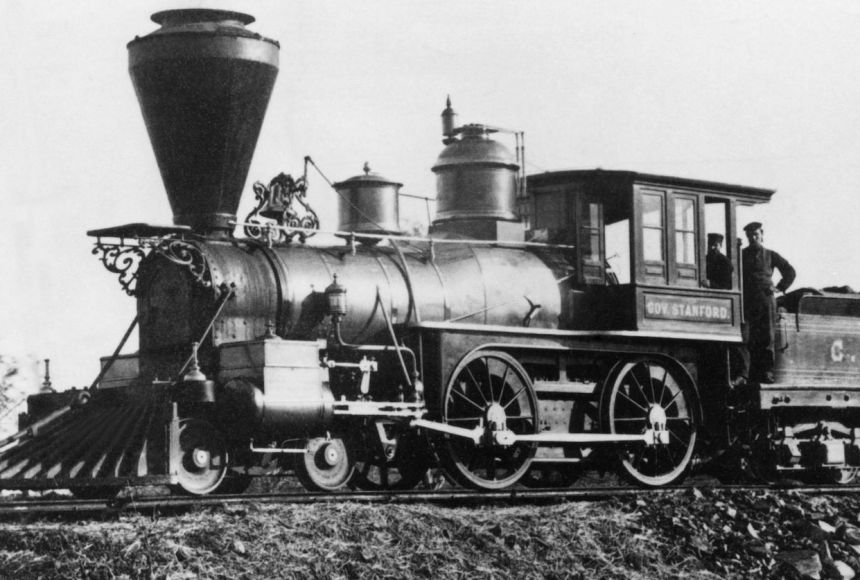 The locomotive revolutionized commercial transportation with a durable, faster, cheaper way to move goods. The Governor Stanford was the first train on the Central Pacific, the first transcontinental line in 1869 when joined with the Union Pacific.