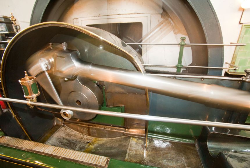 The use of steam-powered machines in cotton production pushed Britain’s economic development from 1750 to 1850. Built more than 100 years ago, this steam engine still powers the Queens Mill textile factory in Burnley, England, United Kingdom.