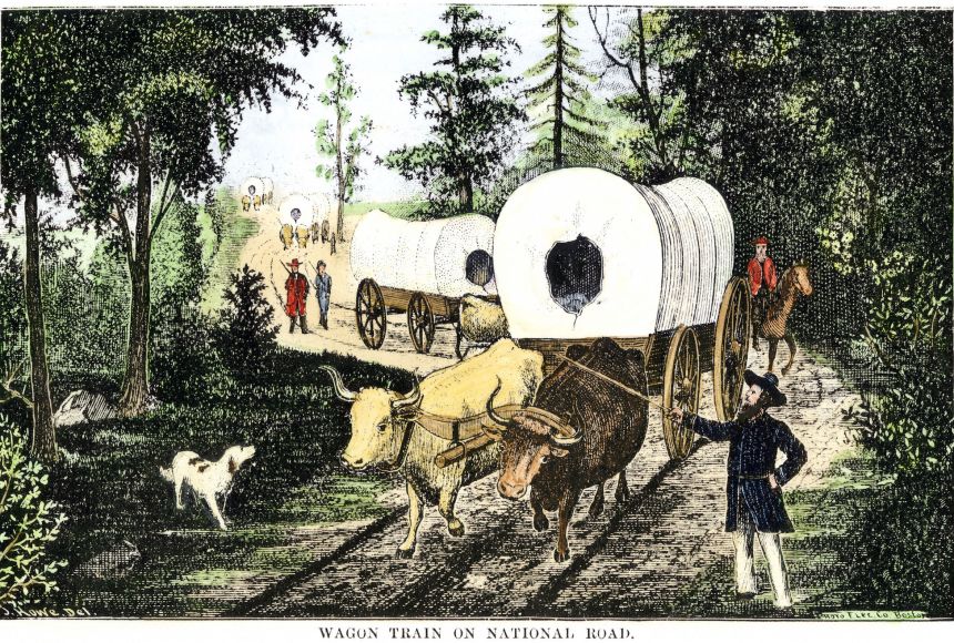 Stretching from Cumberland, Maryland, to St. Louis, Missouri, the Cumberland Road was the first road funded by the U.S. federal government. It was a popular route for commercial trade in the 1840s by Conestoga wagons.