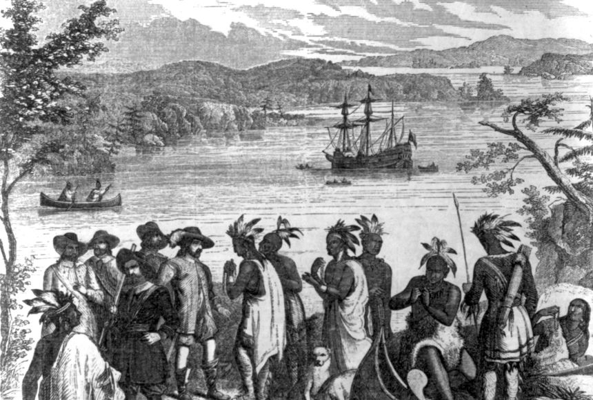Native American locals and English colonists had a complicated history in America that involved conflict as well as trade. They traded goods and ideas. Here, English explorer Henry Hudson and his crew trade with Indians on the shore.