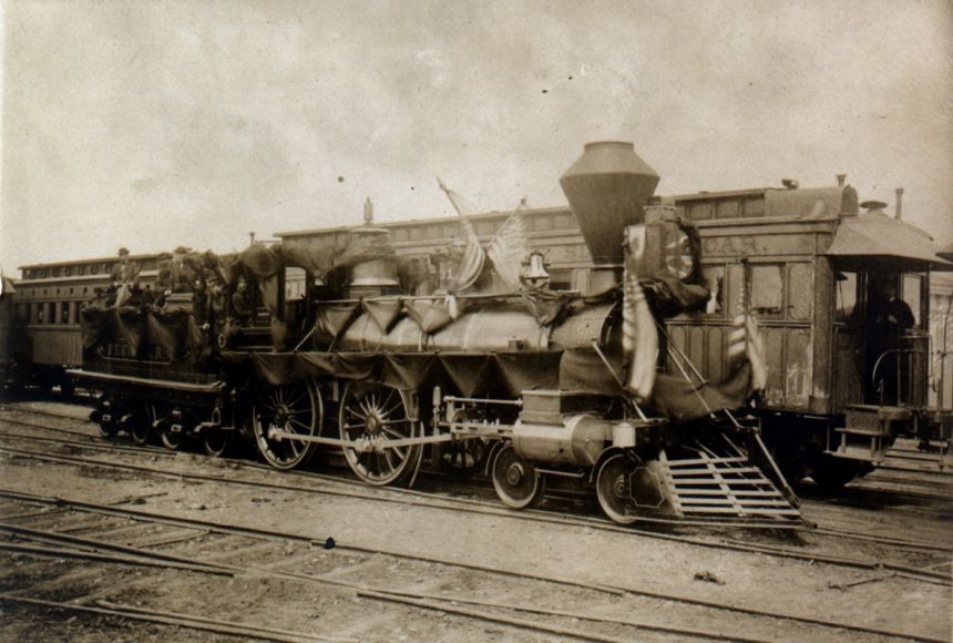President Abraham Lincoln's funeral train shown in Philadelphia, Pennsylvania, where his body was taken to military hospitals there and York, Pennsylvania.