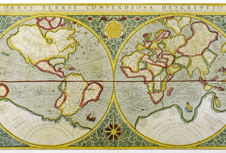 Geradus Mercator's world maps flattened the spherical planet to make it easier to display. Displays of the landmasses are not necessarily proportional to their actual size, especially toward the poles.