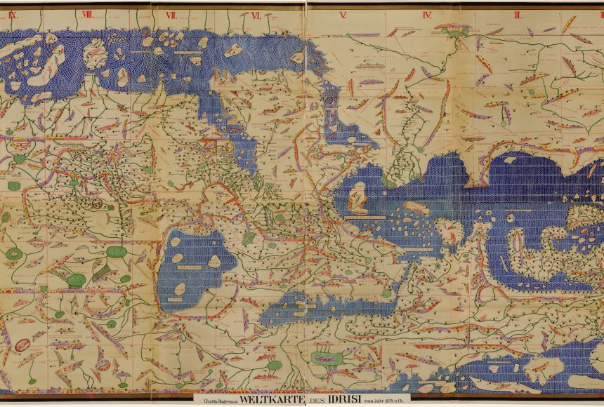 Arab geographer al-Idrisi oversaw the creation of more than 70 maps. This al-Idrisi map contains the Mediterranean Sea, northern Africa, Europe, and parts of Asia. It is oriented with the south toward the top.