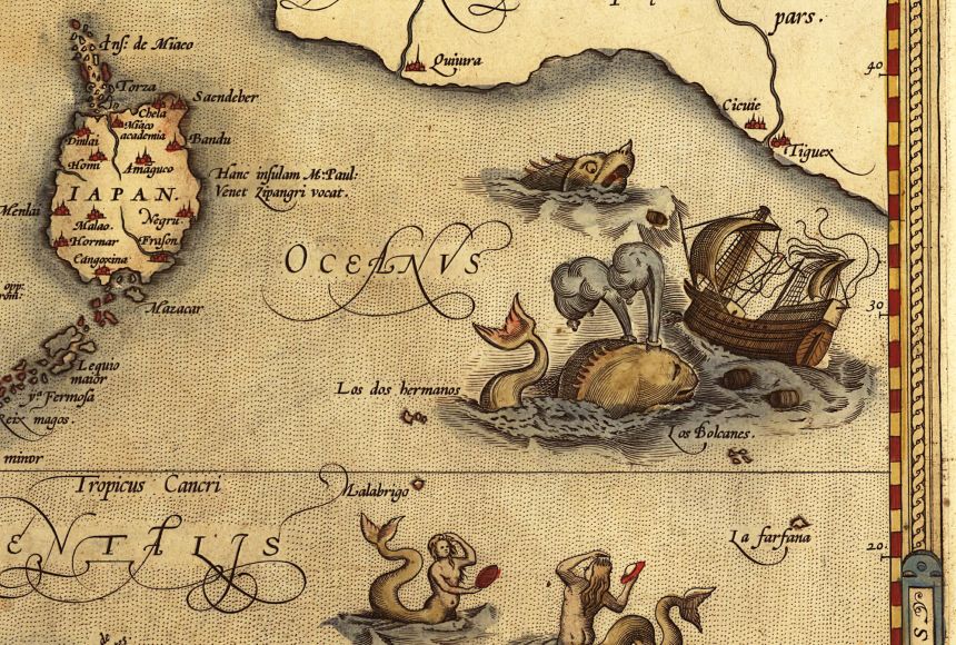 Once, mapmakers would often place monsters and other imagined creatures to marked unexplored areas, like those seen in Ortelius's 1570 Theatrum Orbis Terrarum map.