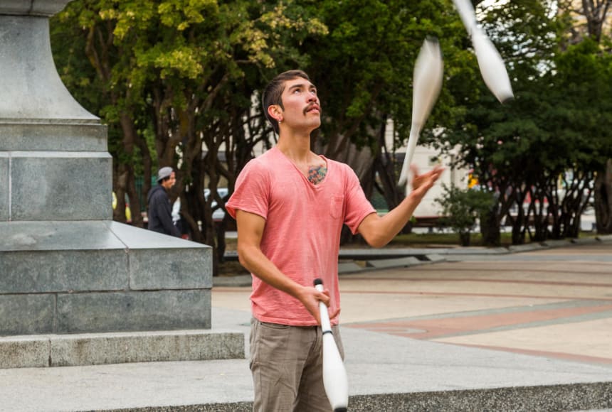 Juggling is a display of cyclical energy transfer. When a juggler throws an object it gains potential energy. As the object falls, its potential energy transforms into kinetic energy.