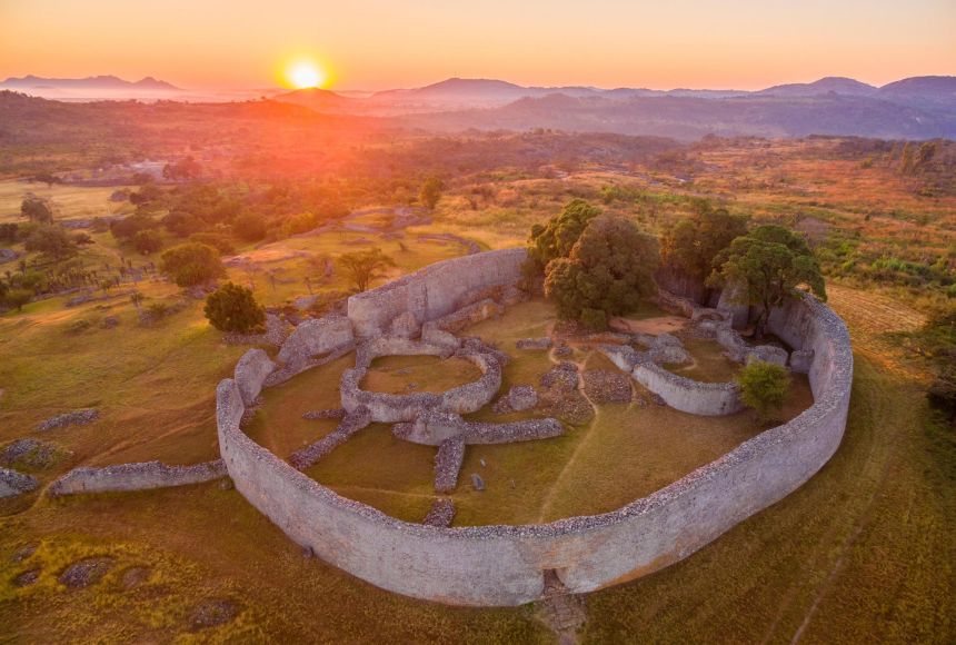 Great Zimbabwe is the name for the stone remains of a medieval city in southeastern Africa. It is composed of three parts, including the Great Enclosure (shown here). It is believed to have been a royal residence or a symbolic grain storage facility.