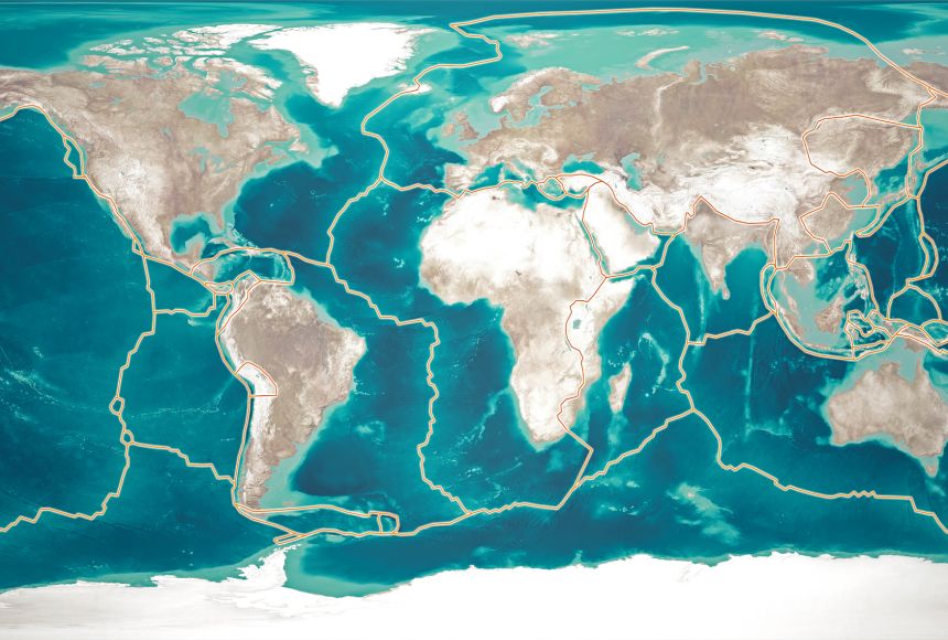 The movement of Earth's tectonic plates shape the planet's surface. This three-dimensional image shows a map of Earth's tectonic plates.
