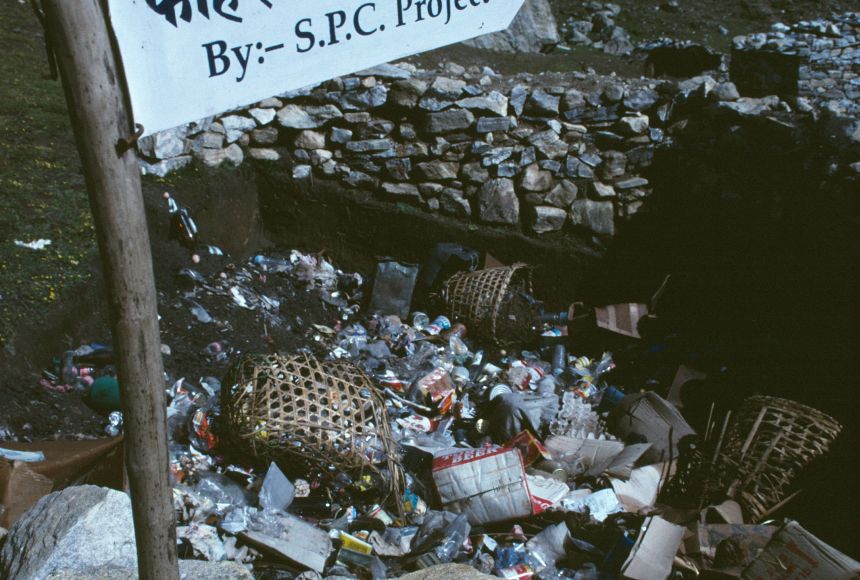 In 1991, The Sagarmatha Pollution Control Committee (SPCC) was founded to help keep the Khumbu region clean, in part through the management of controlled waste collection sites such as this rubbish pit at the village of Lobuje near Everest.