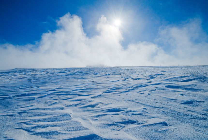 There are polar vortexes in the Northern and Southern hemispheres. The northern polar vortex is believed to have two centers—one in northern Canada near Baffin Island, which is northeast of the snow drifts seen here in Saskatchewan, Canada.