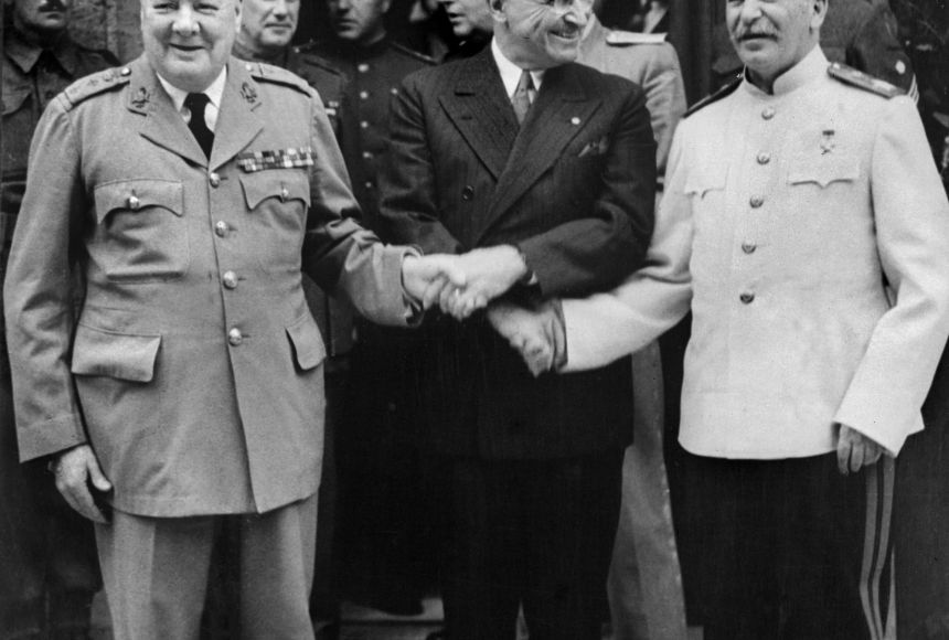 During World War II, the United Kingdom, the Soviet Union, and the United States formed a military alliance. From left to right, U.K. Premier Winston Churchill, U.S. President Harry Truman, and U.S.S.R. General Secretary Joseph Stalin.