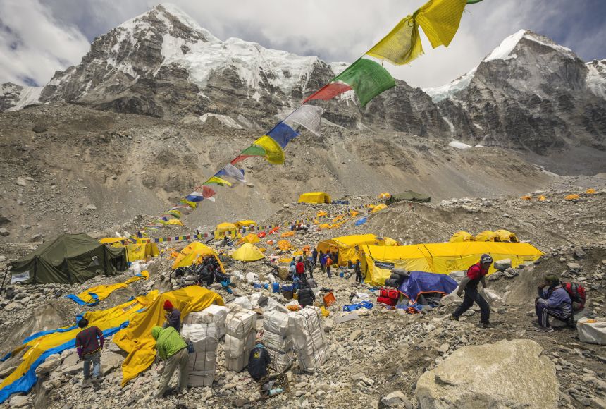 Recently, sanitary conditions at Base Camp of Nepal's Himalaya have improved. Here, mountain guides remove supplies and wastes at Base Camp.